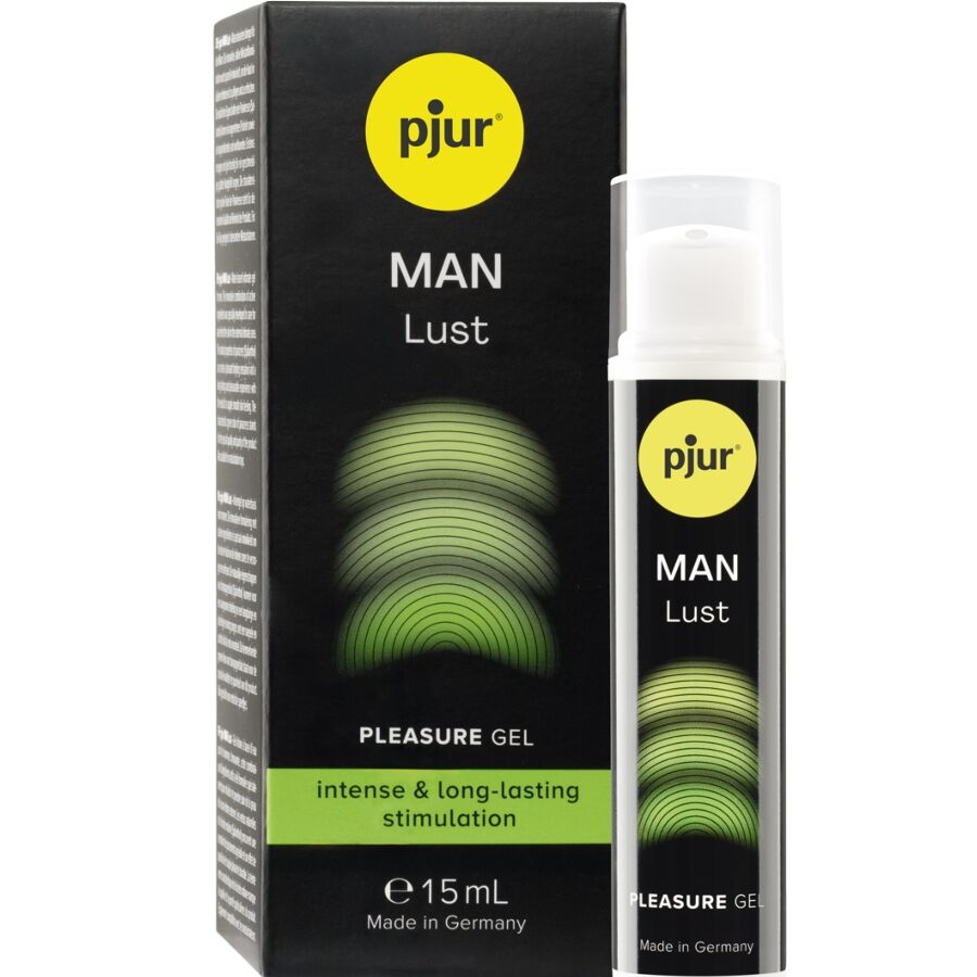 Gel Estimulante pjur MAN Lust: Frasco sofisticado de 15 ml com doseador de precisão, exibindo um design minimalista nas cores preta e cinzenta com apontamentos vermelhos.