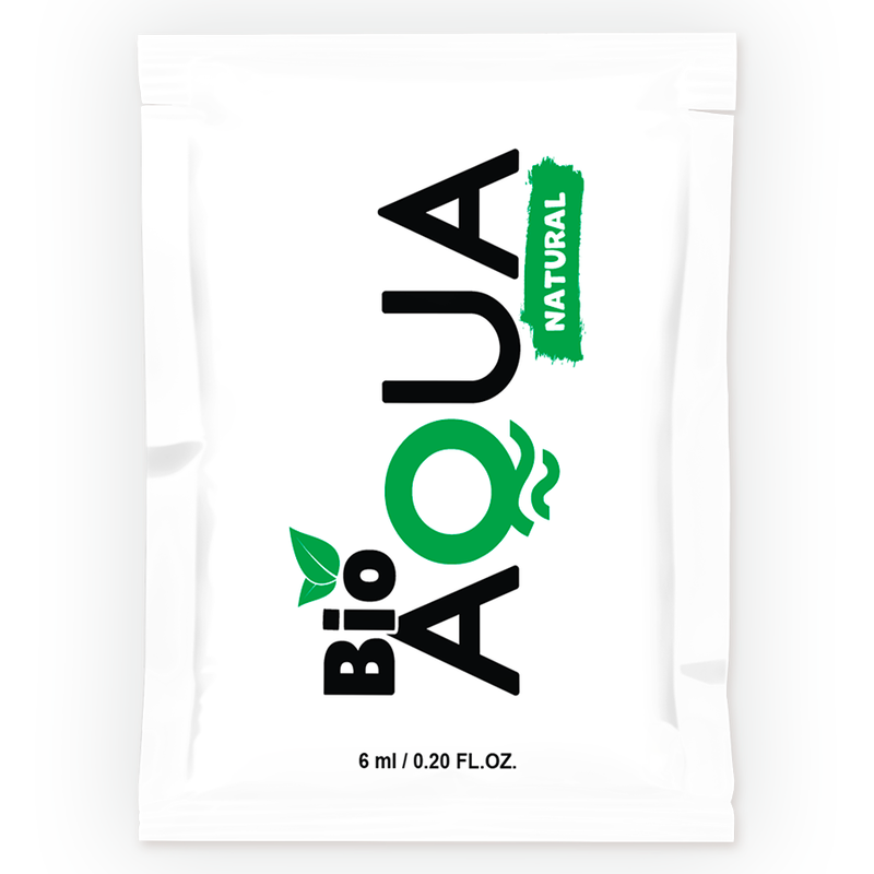 Saqueta de Lubrificante BIOAQUA Natural: Embalagem plana de 6 ml com design limpo, minimalista e ecológico em tons de verde e branco, realçando a pureza dos ingredientes.