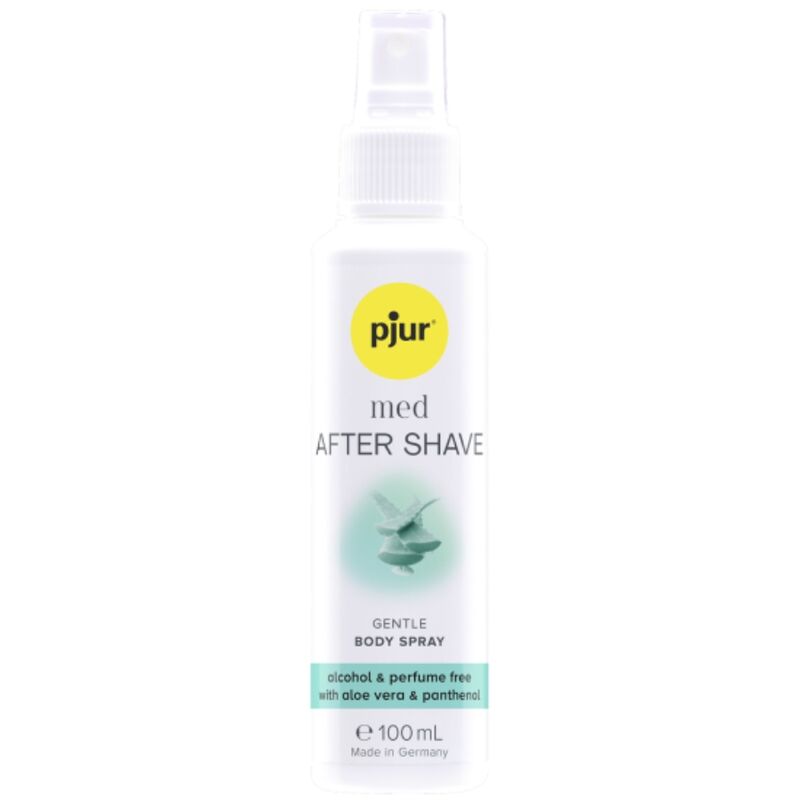 pjur med After Shave Spray 100 ml: Vista frontal do frasco cilíndrico minimalista com a faixa azul e o design clínico característico da linha pjur med, transmitindo a segurança e o prestígio de um dermo-cosmético de farmácia premium.