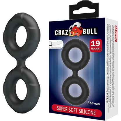 Anel Duplo Crazy Bull Radwan: Dispositivo ergonómico de retenção peniana e escrotal em silicone premium preto.
