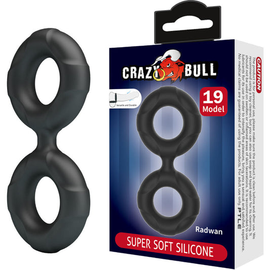 Anel Duplo Crazy Bull Radwan: Dispositivo ergonómico de retenção peniana e escrotal em silicone premium preto.
