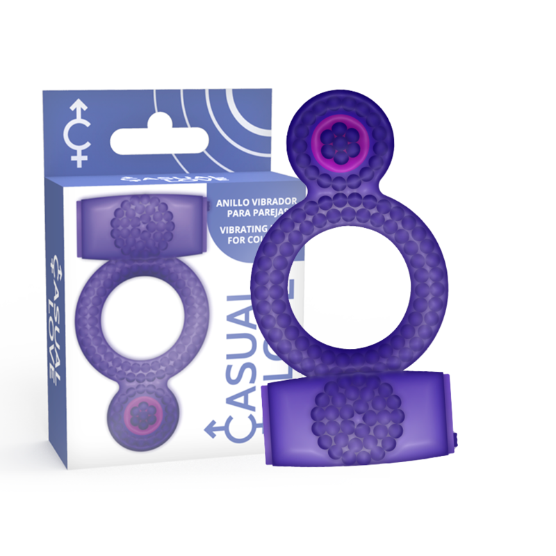 Anel Duplo Prazer Casual Love Lilás: Estimulador de casal em silicone elástico com design peniano e escrotal integrado.
