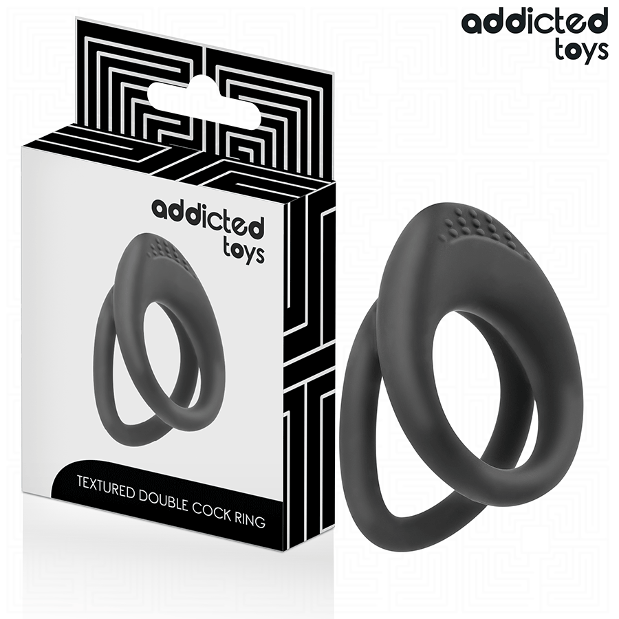 Anel Peniano Addicted Toys Dual Texture: Dispositivo ergonómico de retenção e suporte masculino em silicone premium preto.