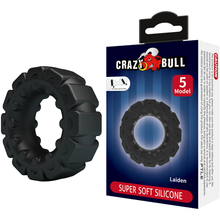Anel Peniano Crazy Bull Laiden: Dispositivo ergonómico de retenção vascular em silicone premium preto com design de banda estreita.