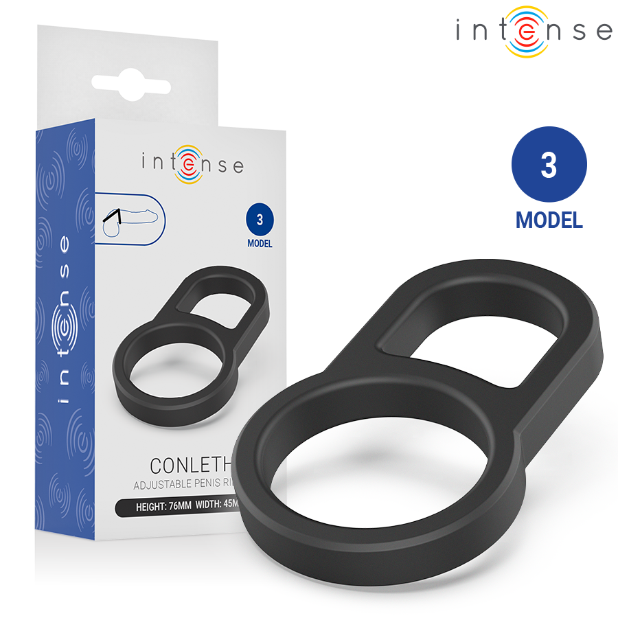 Anel Peniano Duplo Intense Conleth: Dispositivo ergonómico ajustável em silicone premium preto com fecho de botões.