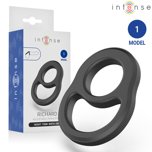 Anel Peniano Duplo Intense Richard: Acessório ergonómico em silicone premium preto com design de dupla retenção.