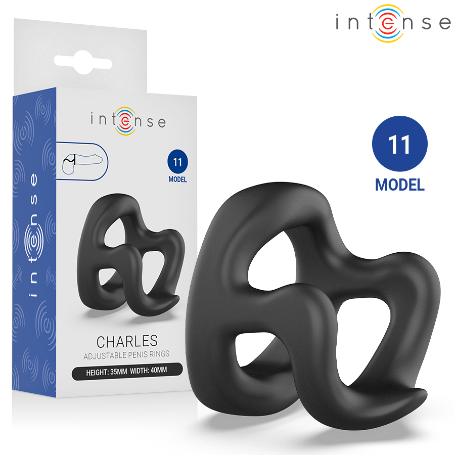 Anel Peniano Intense Charles: Dispositivo ergonómico ajustável em silicone premium preto com fecho de botões.
