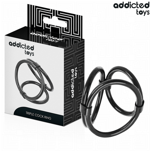 Anel Peniano Triplo Addicted Toys: Dispositivo ergonómico de retenção e suporte escrotal em silicone premium preto.