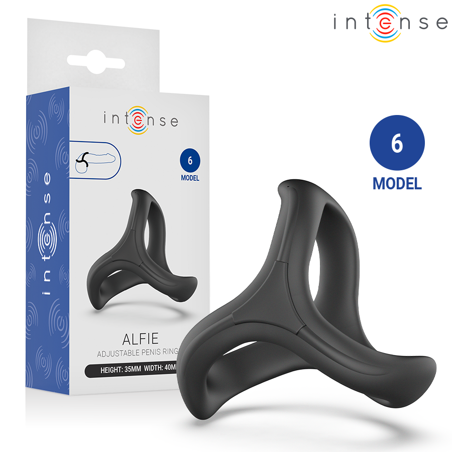 Anel Peniano Triplo Intense Alfie: Dispositivo ergonómico ajustável em silicone premium preto com sistema de botões.