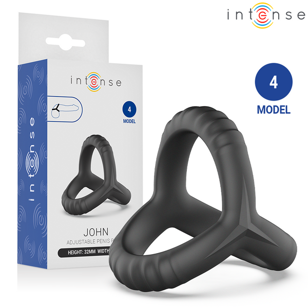 Anel Peniano Triplo Intense John: Dispositivo ergonómico ajustável em silicone premium preto com sistema de botões.