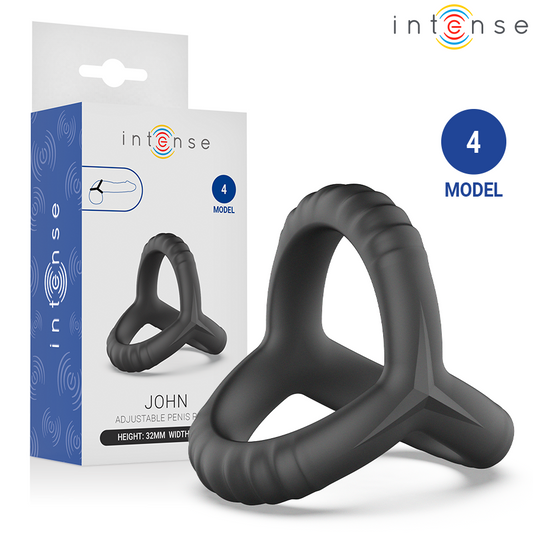 Anel Peniano Triplo Intense John: Dispositivo ergonómico ajustável em silicone premium preto com sistema de botões.