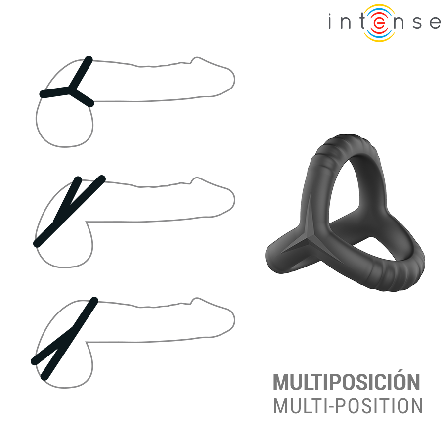 Anel Peniano Triplo Intense John: Dispositivo ergonómico ajustável em silicone premium preto com sistema de botões. Diamora