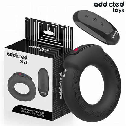 Anel Peniano Vibratório Addicted Toys Thermo Control: Dispositivo de casal premium preto com o comando à distância posicionado ao lado.