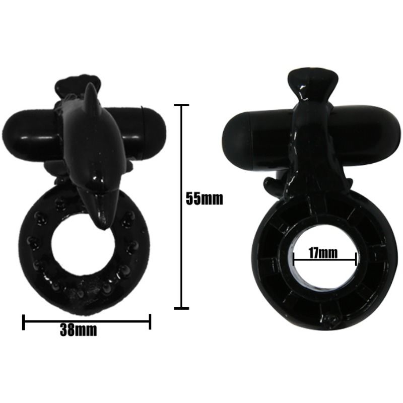 Anel Peniano Vibratório Baile Sweet Dolphin: Estimulador de casal em silicone elástico preto com design superior de golfinho. Diamora