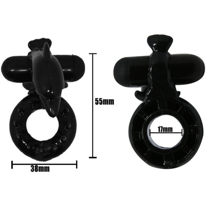 Anel Peniano Vibratório Baile Sweet Dolphin: Estimulador de casal em silicone elástico preto com design superior de golfinho. Diamora