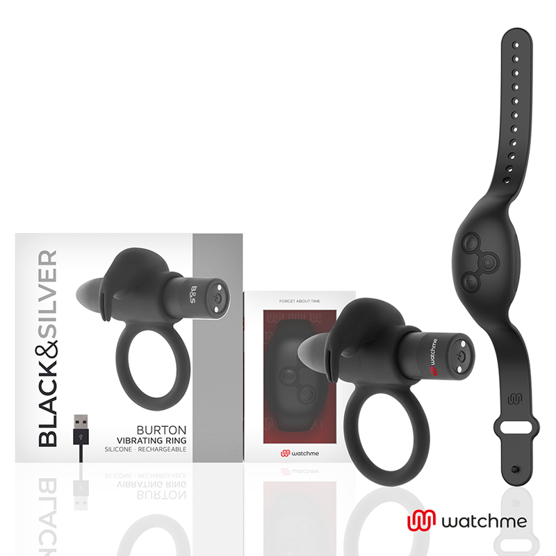 Anel Peniano Vibratório Blacksilver Burton: Dispositivo premium preto e prata ao lado do comando à distância em formato de relógio de pulso.