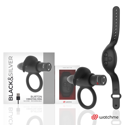 Anel Peniano Vibratório Blacksilver Burton: Dispositivo premium preto e prata ao lado do comando à distância em formato de relógio de pulso.