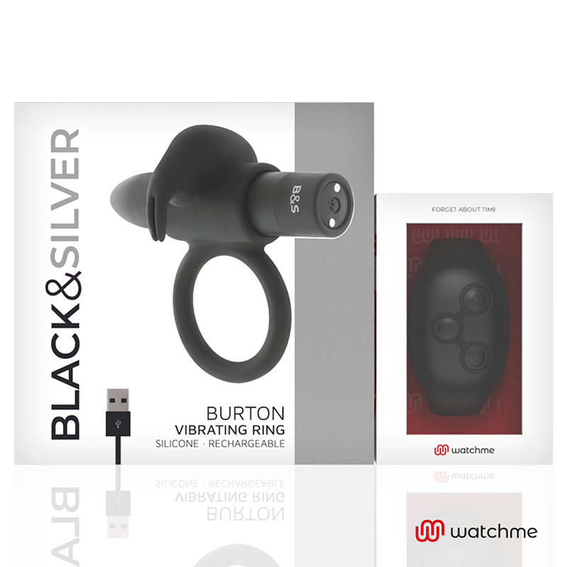 Anel Peniano Vibratório Blacksilver Burton: Dispositivo premium preto e prata ao lado do comando à distância em formato de relógio de pulso. Diamora