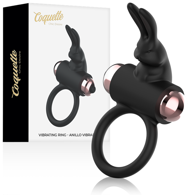 Anel Peniano Vibratório Coquette Chic Desire: Dispositivo de luxo em silicone preto com elegantes detalhes cromados a ouro.