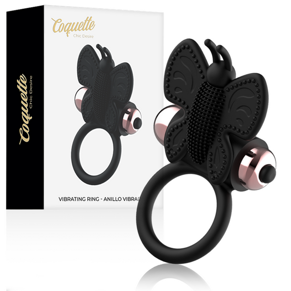 Anel Peniano Vibratório Coquette Chic Desire: Estimulador de casal em silicone preto com design de borboleta e detalhes em ouro.