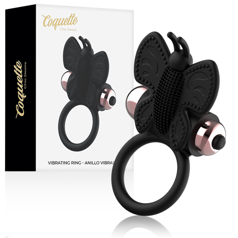Anel Peniano Vibratório Coquette Chic Desire: Estimulador de casal em silicone preto com design de borboleta e detalhes em ouro.