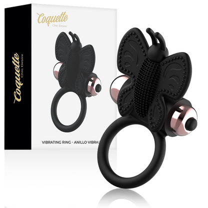 Anel Peniano Vibratório Coquette Chic Desire: Estimulador de casal em silicone preto com design de borboleta e detalhes em ouro.