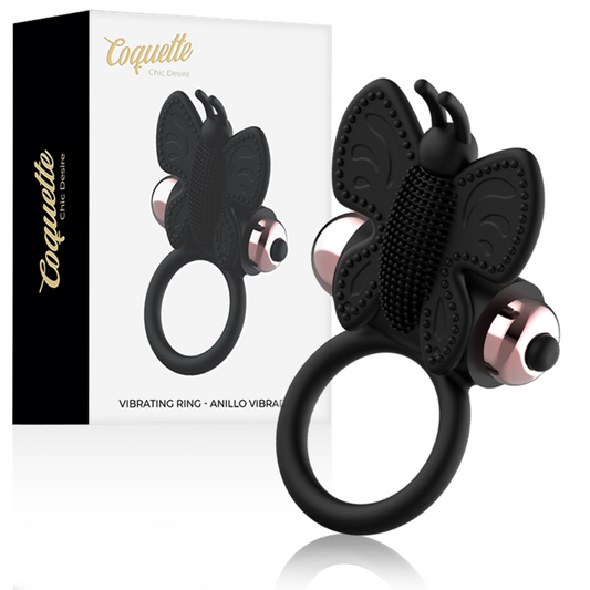 Anel Peniano Vibratório Coquette Chic Desire: Estimulador de casal em silicone preto com design de borboleta e detalhes em ouro.