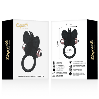 Anel Peniano Vibratório Coquette Chic Desire: Estimulador de casal em silicone preto com design de borboleta e detalhes em ouro. Diamora