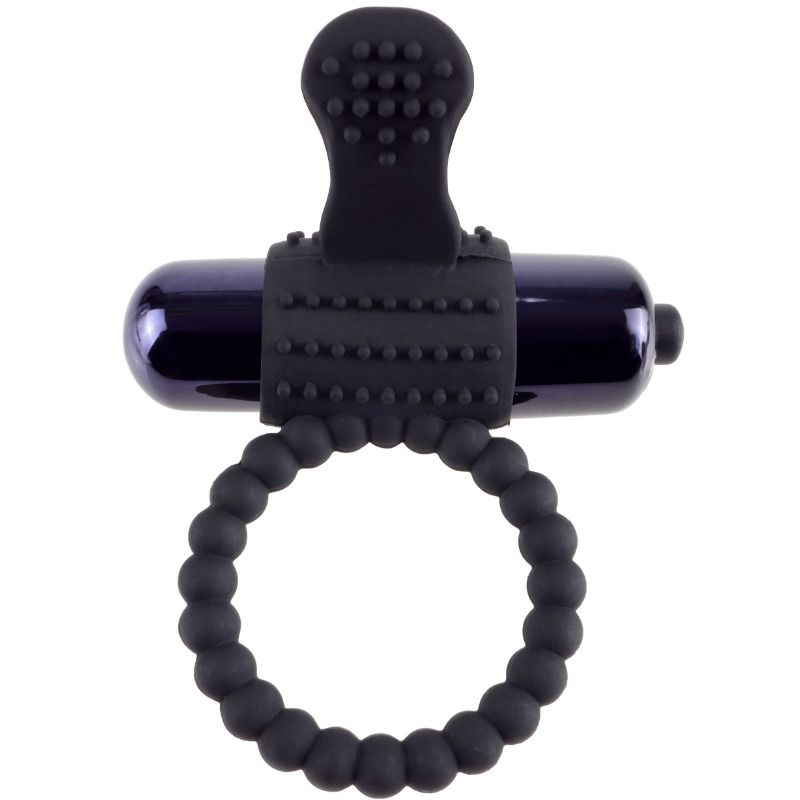 Anel Peniano Vibratório Fantasy Cringz: Estimulador de casal em silicone elástico preto com micro-bala integrada.