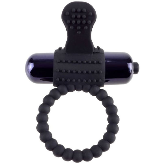 Anel Peniano Vibratório Fantasy Cringz: Estimulador de casal em silicone elástico preto com micro-bala integrada.