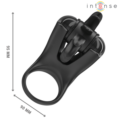 Anel Peniano Vibratório Intense Mabel: Estimulador de casal em silicone premium preto com design superior de orelhas de coelho. Diamora