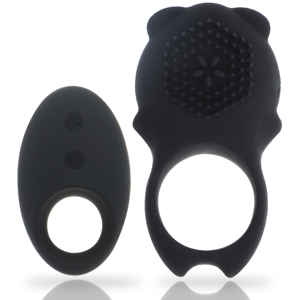 Anel Peniano Vibratório MIA Colosseo: Dispositivo de casal premium em silicone preto ao lado do seu comando à distância compacto.