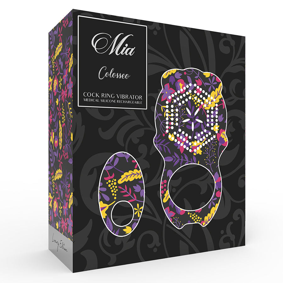 Anel Peniano Vibratório MIA Colosseo: Dispositivo de casal premium em silicone preto ao lado do seu comando à distância compacto. Diamora