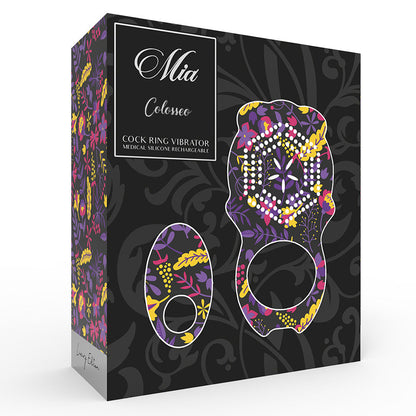 Anel Peniano Vibratório MIA Colosseo: Dispositivo de casal premium em silicone preto ao lado do seu comando à distância compacto. Diamora
