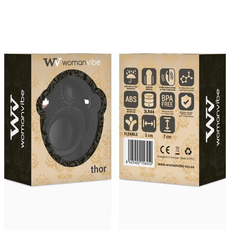 Anel Peniano Vibratório Womanvibe Thor: Estimulador robusto de casal em silicone elástico preto com cápsula vibratória integrada. Diamora