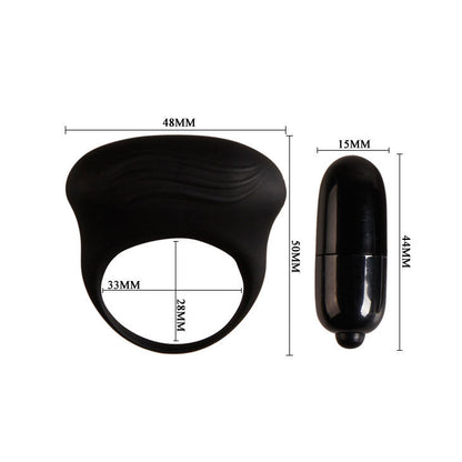 Anel Vibratório Pretty Love Bertram: Vista detalhada do anel peniano duplo em silicone preto acetinado, exibindo o seu design em formato de "8" e o relevo do motor. Diamora