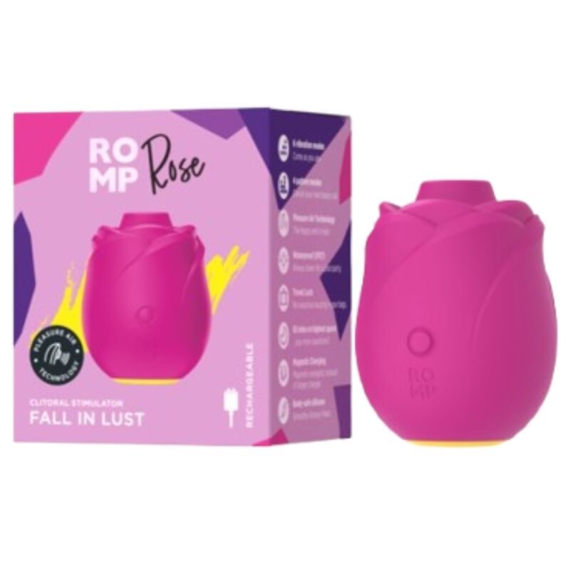 Aparelho de Sucção Clitoridiana ROMP Rose: Estimulador premium de alta tecnologia com o design icónico de uma rosa vermelha escultural.