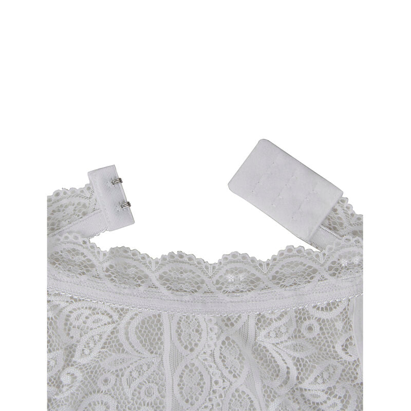 Body Subblime Branco: Elegância em renda floral com tiras geométricas no busto. Diamora