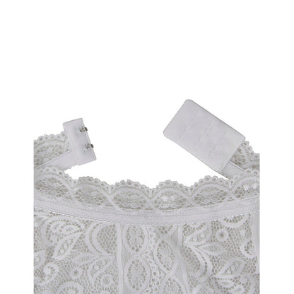 Body Subblime Branco: Elegância em renda floral com tiras geométricas no busto. Diamora