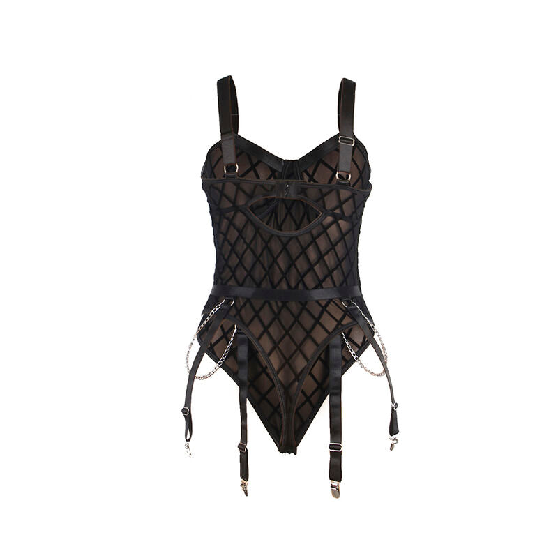 Body Subblime Dark Metal: Lingerie de renda preta com correntes ornamentais e cinta-ligas embutida. Diamora