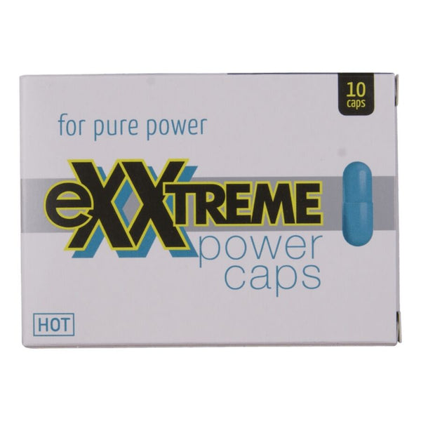 Caixa de Suplemento Masculino HOT Exxtreme Power Caps Man: Embalagem exterior com design luxuoso preto e dourado exibindo o formato completo de 10 unidades.