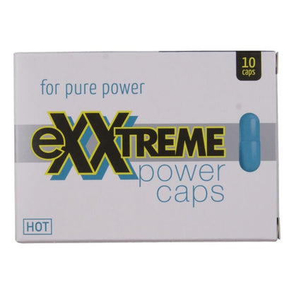 Caixa de Suplemento Masculino HOT Exxtreme Power Caps Man: Embalagem exterior com design luxuoso preto e dourado exibindo o formato completo de 10 unidades.