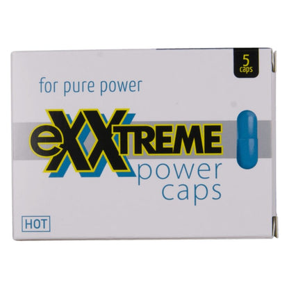Caixa de Suplemento Masculino HOT Exxtreme Power Caps Man: Embalagem exterior com o icónico design preto e dourado exibindo o formato intermédio de 5 unidades.