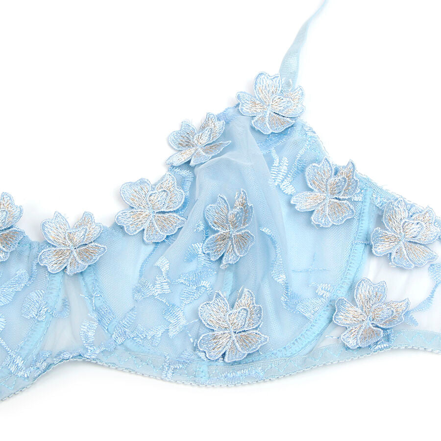 Conjunto Subblime Azul Celeste: A poesia dos bordados florais em relevo sobre tule transparente. Diamora 