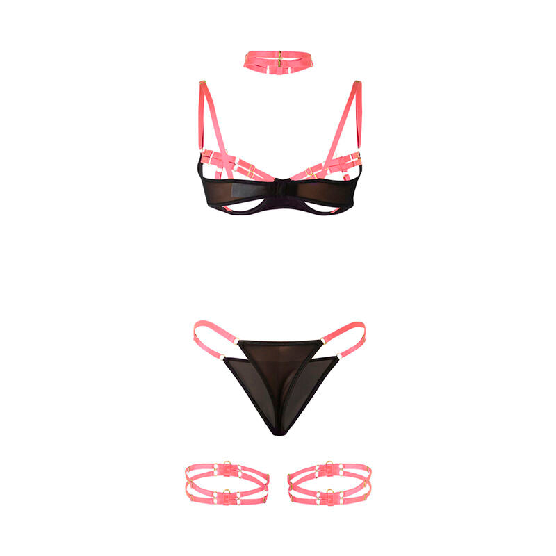 Conjunto Subblime Neon: Rosa fluorescente com design de colar e arreios de perna. Diamora
