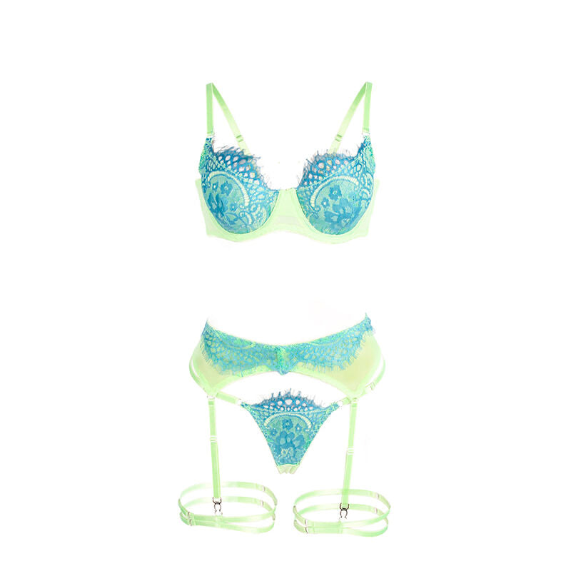 Conjunto Subblime Peacock: Set de sutiã, cinta-ligas e cueca em renda bicolor verde e azul. Diamora