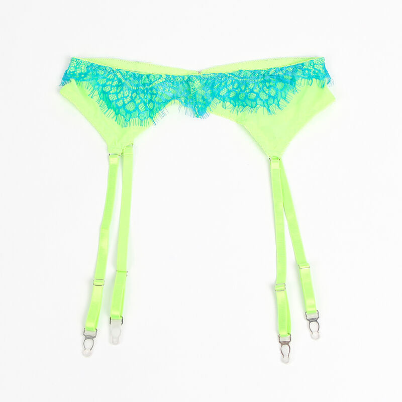 Conjunto Subblime Peacock: Set de sutiã, cinta-ligas e cueca em renda bicolor verde e azul. Diamora Portugal
