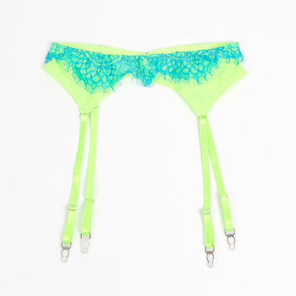 Conjunto Subblime Peacock: Set de sutiã, cinta-ligas e cueca em renda bicolor verde e azul. Diamora Portugal