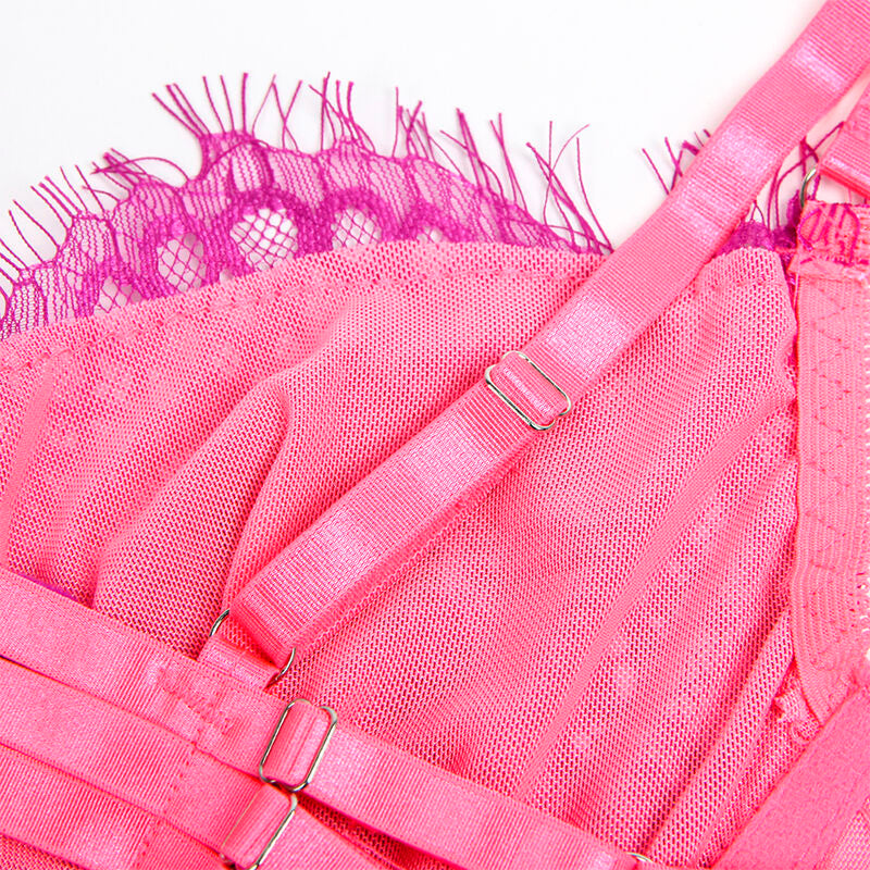 Conjunto Subblime Rosa e Roxo: Design bicolor em renda com cinta-ligas coordenada. Diamora