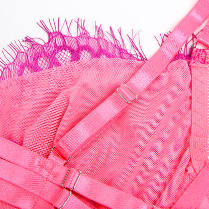 Conjunto Subblime Rosa e Roxo: Design bicolor em renda com cinta-ligas coordenada. Diamora